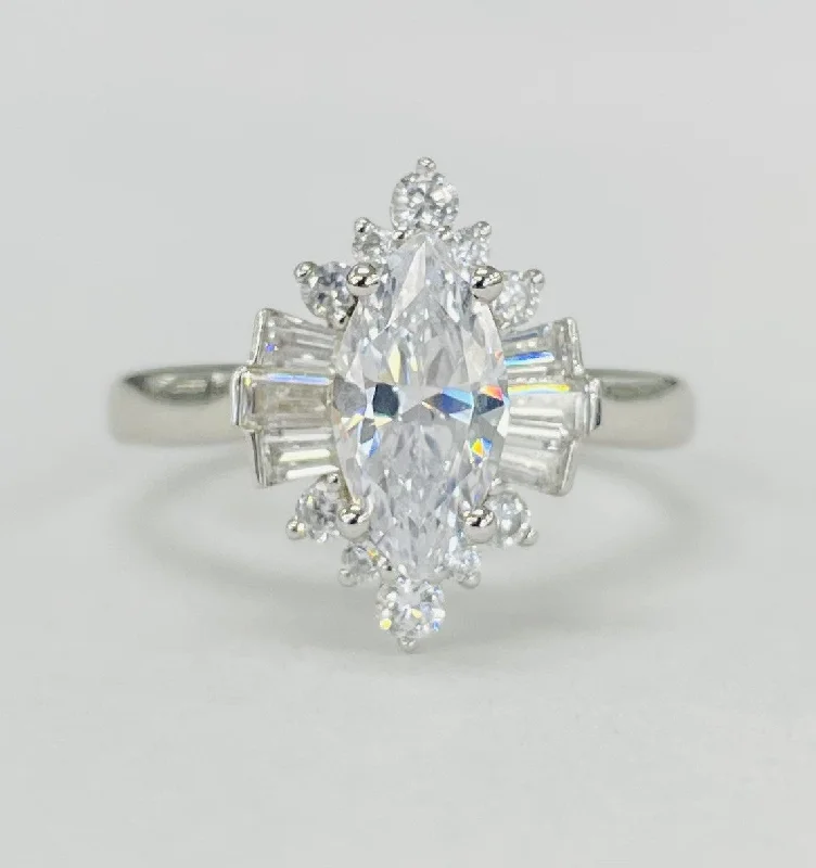 diamond encrusted engagement rings-Romance - Elegant Baghuette And Round Halo Diamond Setting