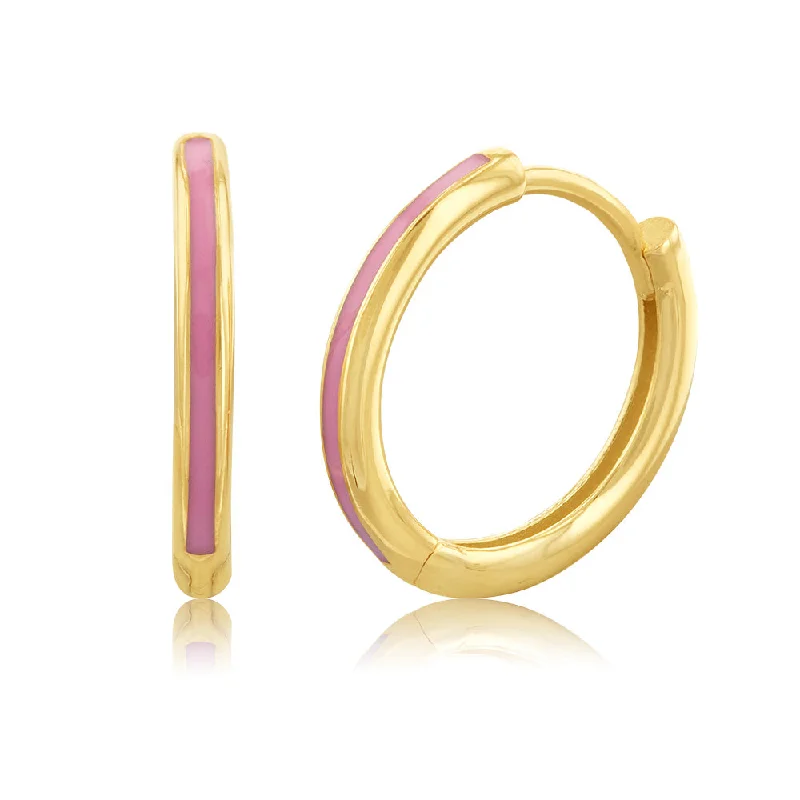 women’s vintage silver earrings-9ct Yellow Gold Pink Enamel 11mm Hoop Earrings