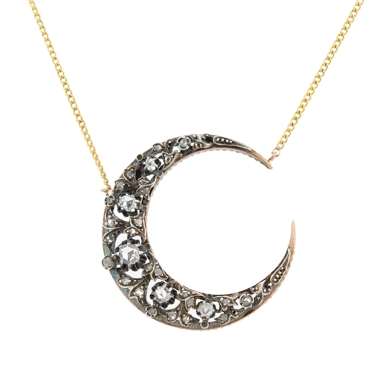 women’s unique pendant necklaces-Victorian Conversion 18kt/Sterling Rose Cut Diamond Crescent Moon Necklace