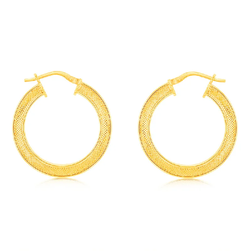 women’s fancy earrings-9ct Yellow Gold Silverfilled Patterned Square Tube 20mm Hoop Earrings