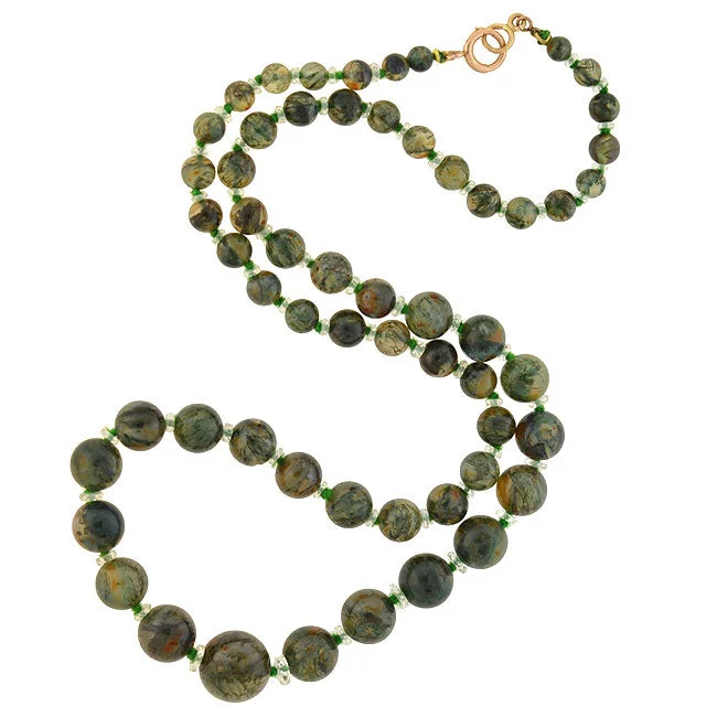 women’s fine gold necklaces-Art Deco Moss Agate & Rock Crystal Beaded Necklace