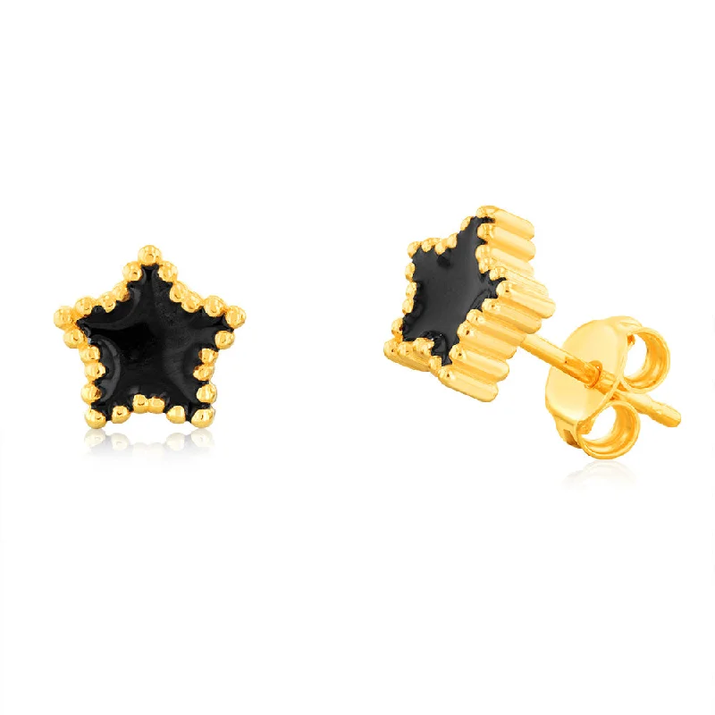 women’s statement earrings-Sterling Silver Gold Plated Black Enamel Star Stud Earrings