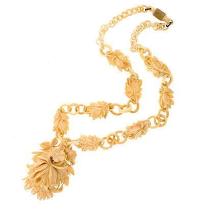 women’s luxury gold necklaces-Victorian Hand Carved Bone Flower Locket & Chain