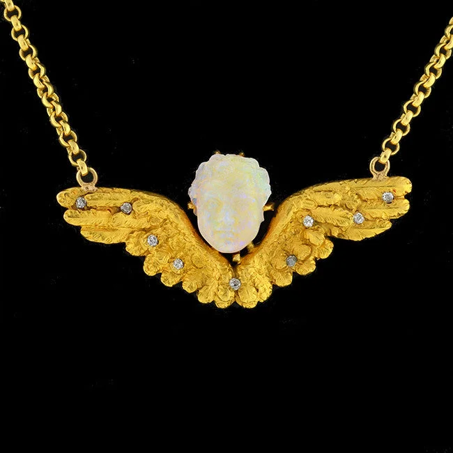 women’s casual necklaces-Victorian 18kt Carved Opal & Diamond Winged Cherub Necklace