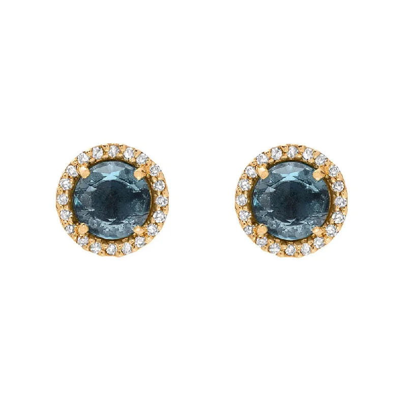 women’s refined silver earrings-Rose Cut London Blue Topaz with Diamond Halo Post Earrings