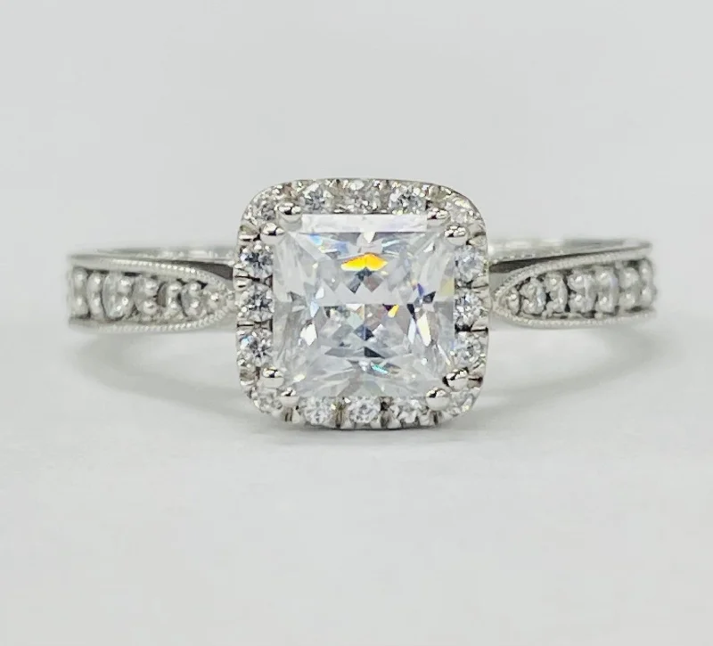 delicate gold engagement rings-Romance - Vintage Inspired Cushion Halo Diamond Setting