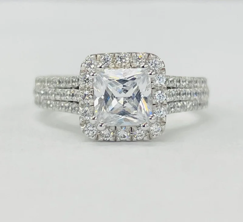 platinum engagement rings for women-Romance - Triple Row Pave Shank Halo Diamond Setting