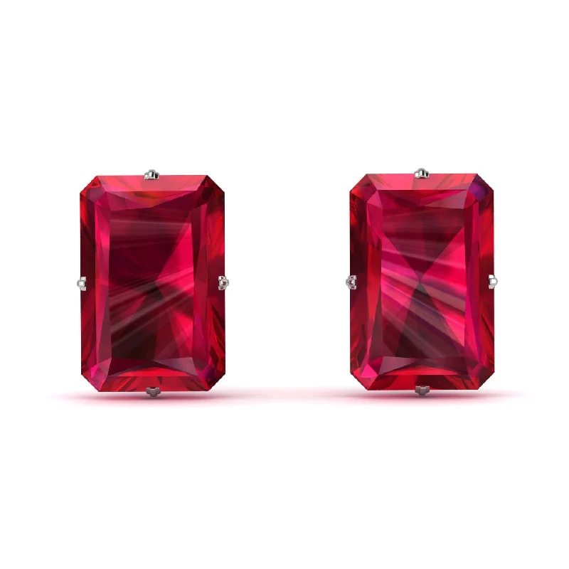 women’s diamond drop earrings-Hidden Halo Emerald Cut Ruby Earrings  - Vanessa No. 12