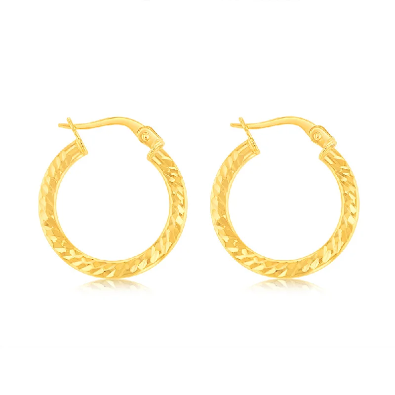 women’s radiant gold earrings-9ct Yellow Gold Patterned 15mm Hoop Earrings