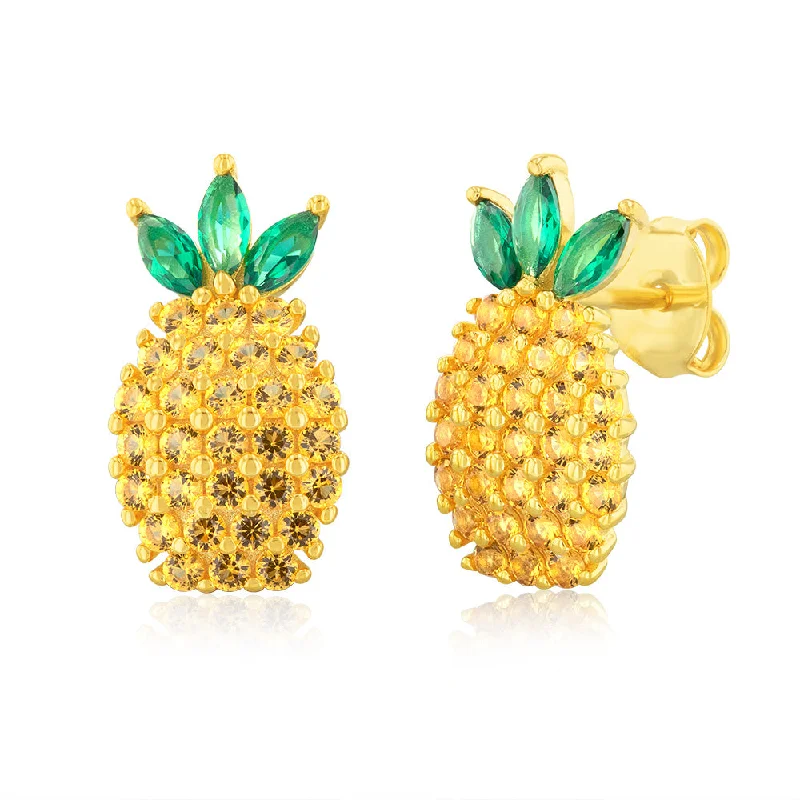 women’s glamorous drop hoop earrings-Sterling Silver Gold Plated Yellow And Green Zirconia Pineapple Stud Earrings