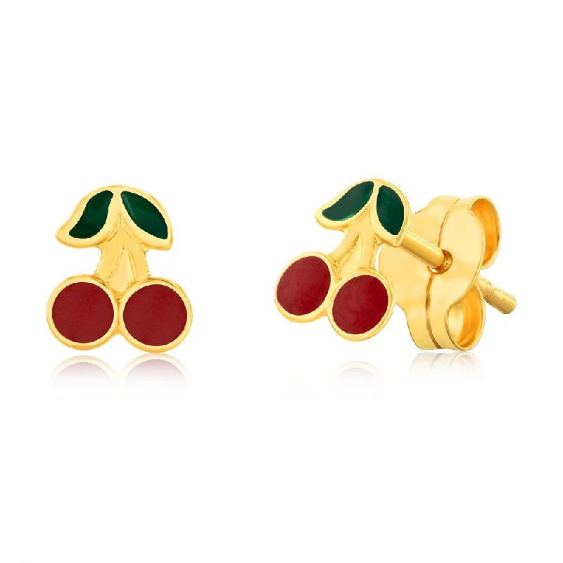 women’s large hoop earrings-9ct Yellow Gold Enamel Pair Of Cherries Stud Earrings