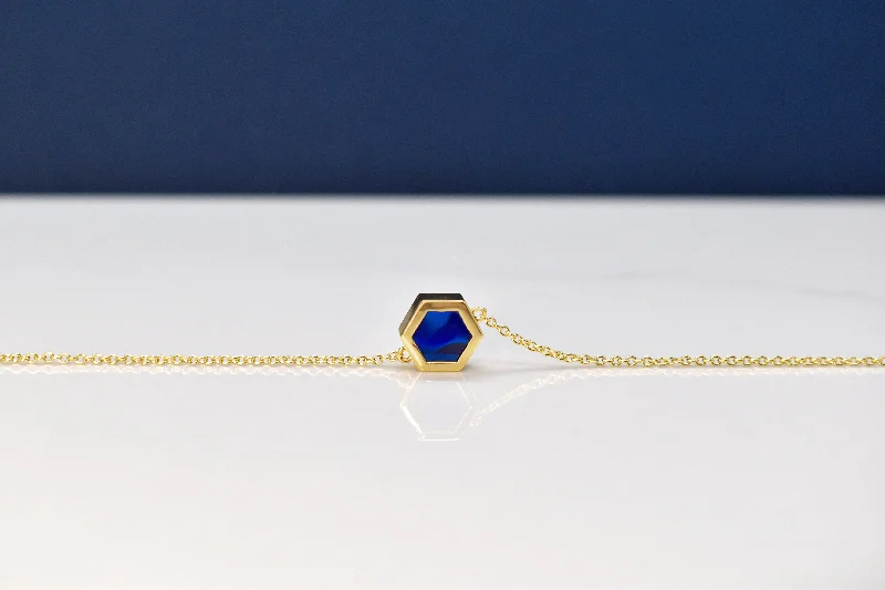 women’s delicate gold pendant necklaces-Geometric Necklace with Hexagon Charm and Sapphire Gemstone Clay, Short Gold Chain