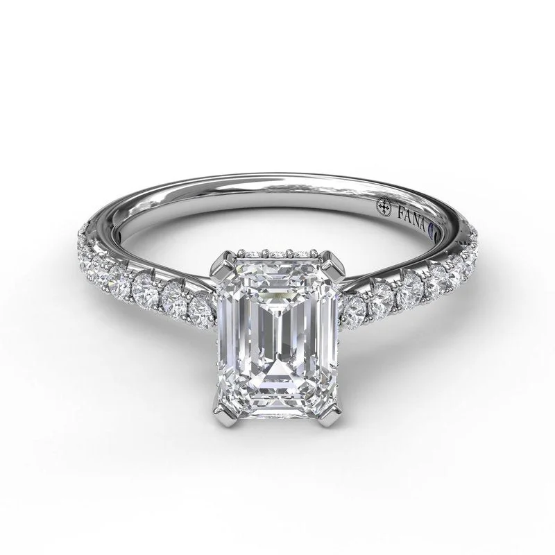 radiant-cut engagement rings for brides-Emerald Cut Solitaire With Hidden Halo S3023