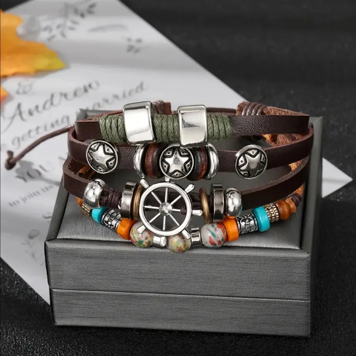 women’s minimalistic rings-Retro Handmade Color Block Pu Leather Alloy Wooden Beads Beaded Handmade Braid Silver Plated Men's Drawstring Bracelets