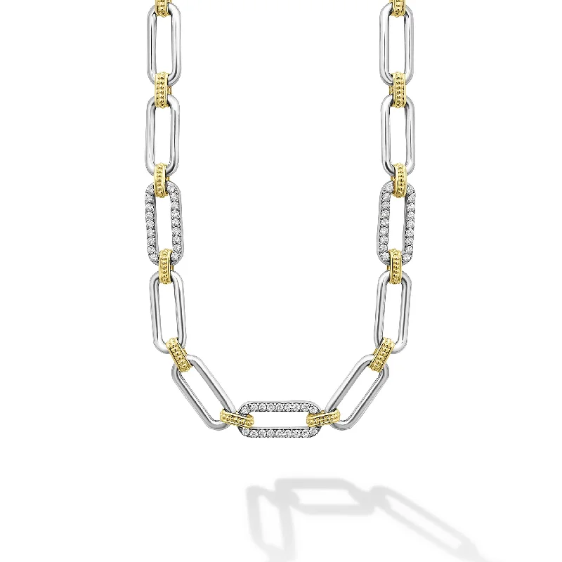 women’s multicolor stone necklaces-Signature Caviar Two-Tone Link Three Station Diamond Necklace