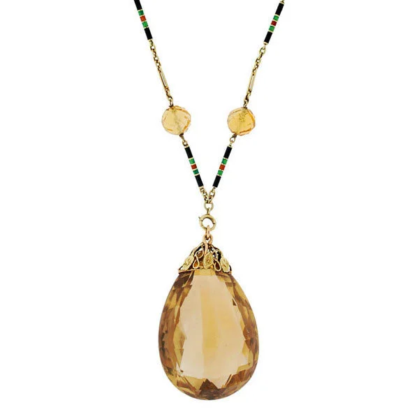 women’s customized necklaces-Art Deco 14kt Large Citrine Drop Enameled Chain Necklace