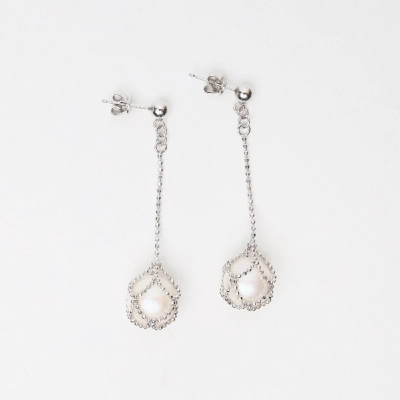 women’s long drop earrings-Sterling Long Chain with Captured Pearl Drop Earrings