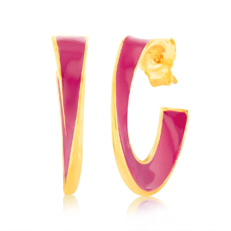 women’s gemstone stud earrings-Sterling Silver Gold Plated Pink Enamel 3/4th Hoop Earrings