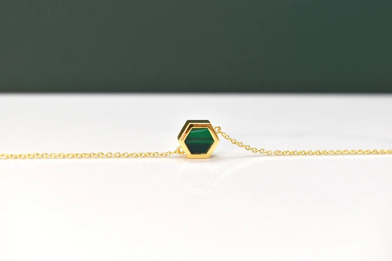 women’s crystal bead necklaces-Gold Geometric Necklace with Emerald Gemstone Clay, Minimal Hexagon Necklace 14k