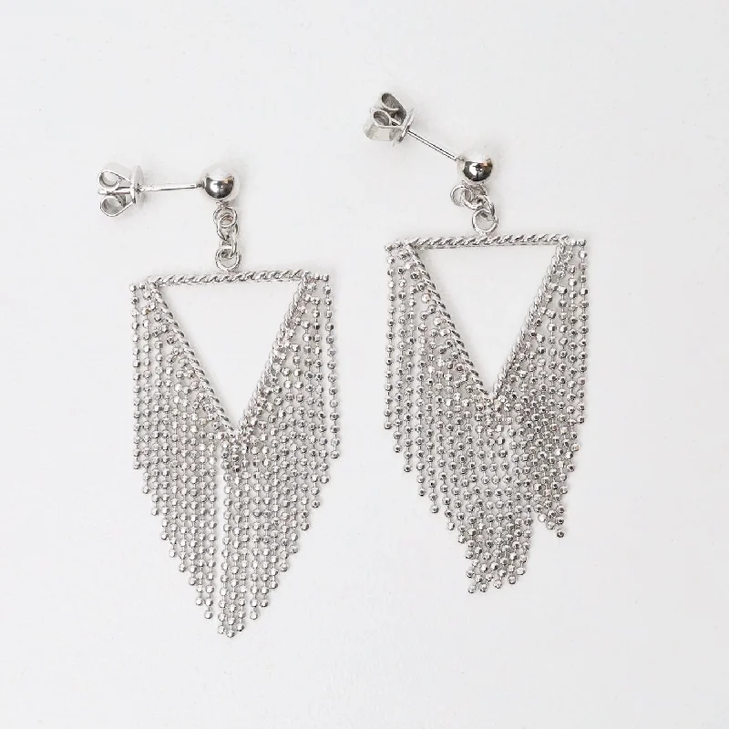 women’s sterling silver stud earrings-Sterling Silver Woven Fringed Triangle Earrings