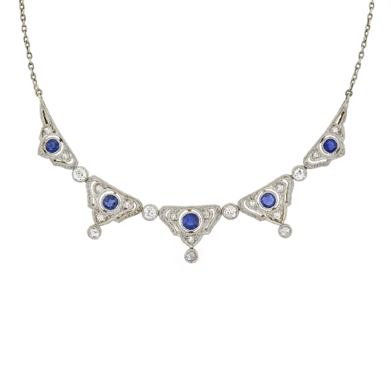 women’s bar necklaces-Edwardian Platinum/14kt Diamond + Natural Sapphire Necklace