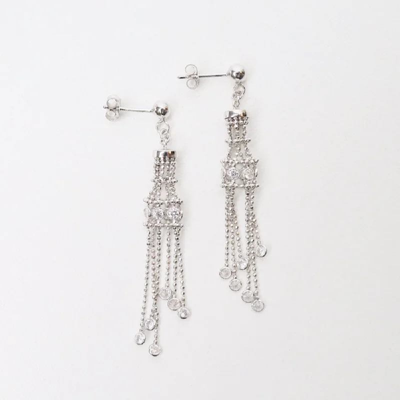 women’s tassel earrings-Sterling Silver Woven Lace Long Lantern CZ Earrings