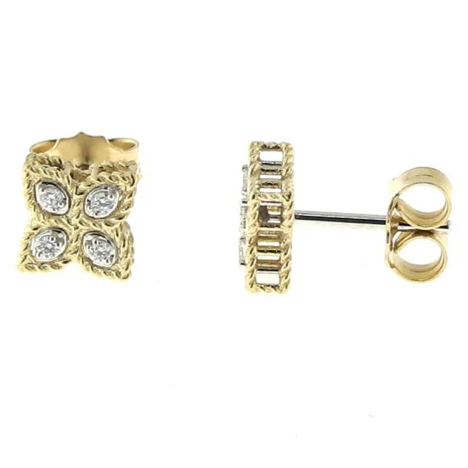 women’s gold vintage earrings-Roberto Coin Princess Flower Diamond Small Stud Earrings 18K Yellow Gold