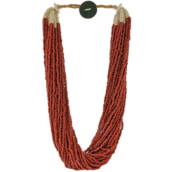 women’s gemstone beaded necklaces-Vintage African Coral & Bone Beads Multi Strand Necklace