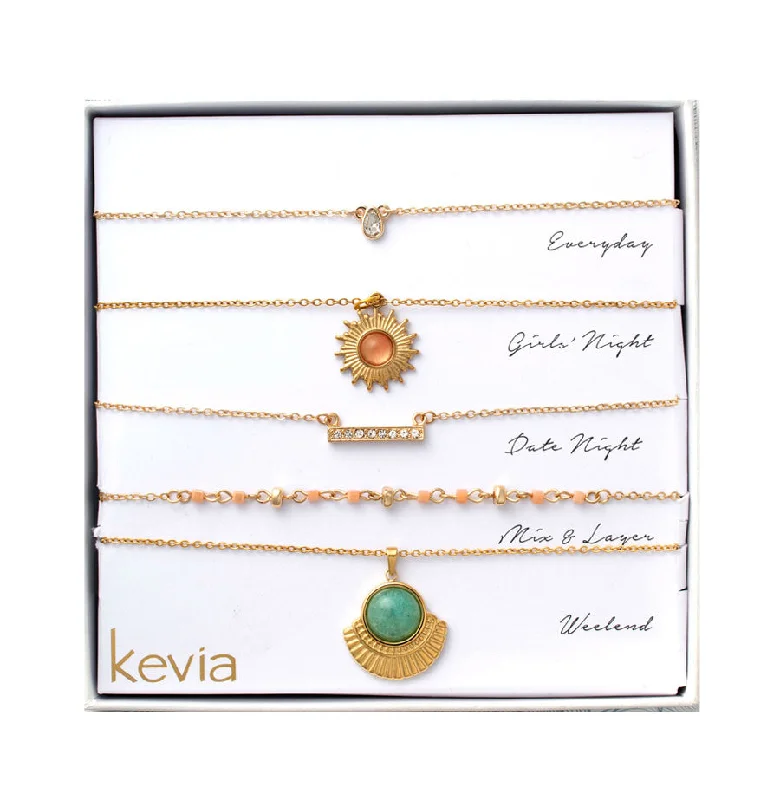 women’s layered heart necklaces-Green & Peach Charm Necklace Set