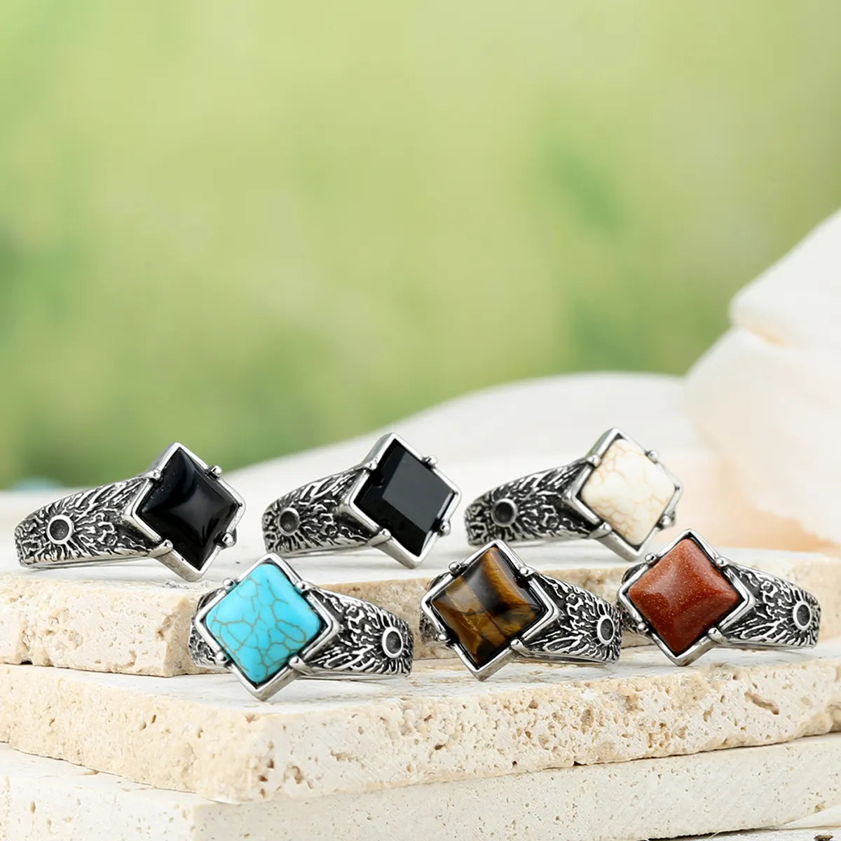 women’s custom engagement rings with rubies-Retro Roman Style Square 316 Stainless Steel  Inlay Artificial Gemstones Turquoise Men'S Rings