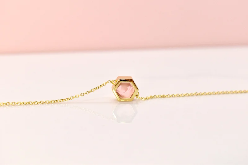 women’s sparkly gold necklaces-Dainty Minimal Hexagon Necklace with Rose Quartz Marbled Clay, Short Gold Necklace