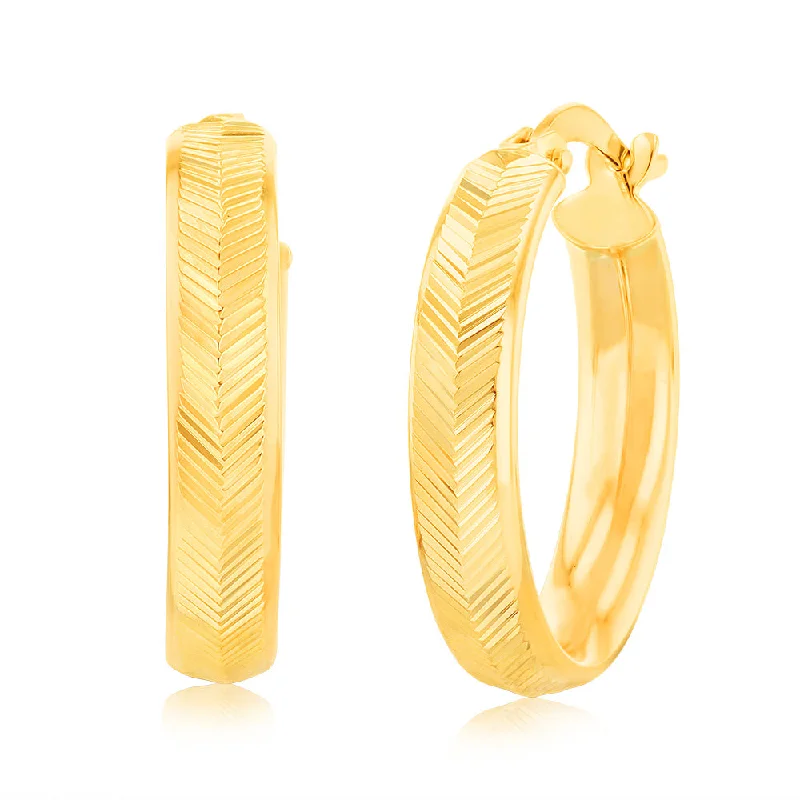 women’s handmade earrings-9ct Yellow Gold Double side Diamond Cut Hoop Earrings