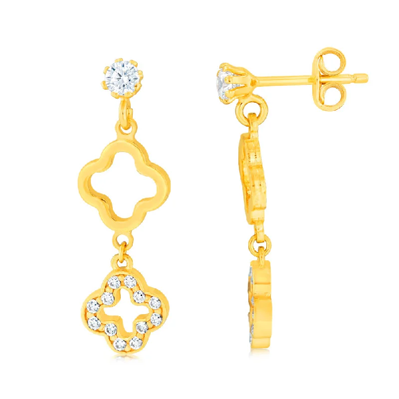 women’s elegant gold earrings-9ct Yellow Gold Silverfilled Zirconia Four Leaf Flower Drop Earrings