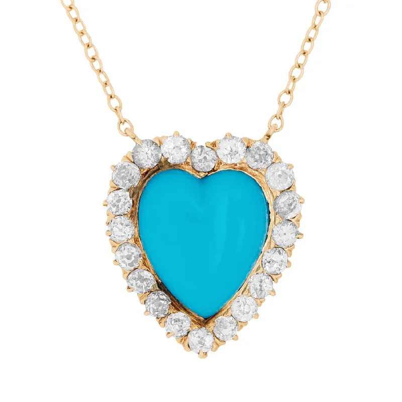 women’s bold heart necklaces-Victorian 14k Turquoise and Diamond Heart Halo Necklace