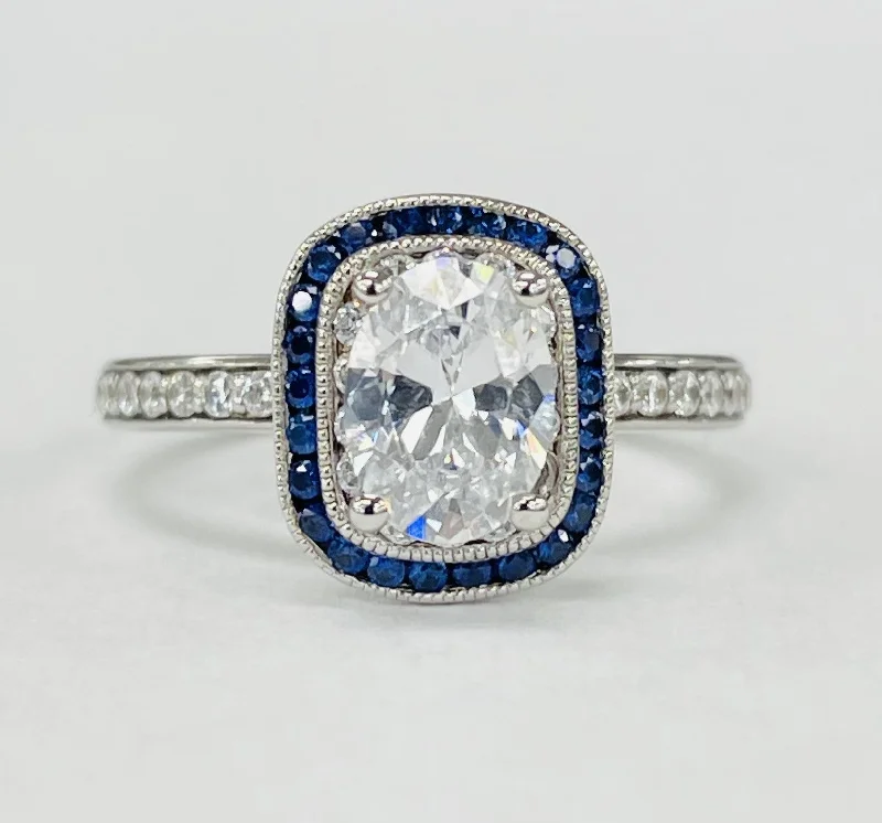 platinum engagement rings with diamonds-Romance - Vintage Inspired Sapphire Halo Diamond Setting