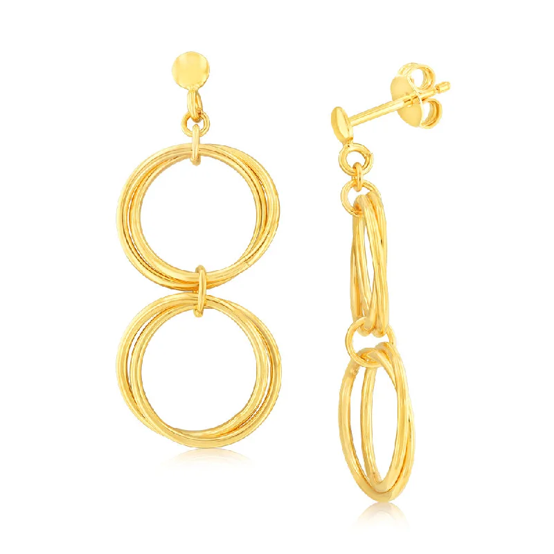 women’s sapphire earrings-9ct Yellow Gold Silverfilled Twin Circle Drop Earrings