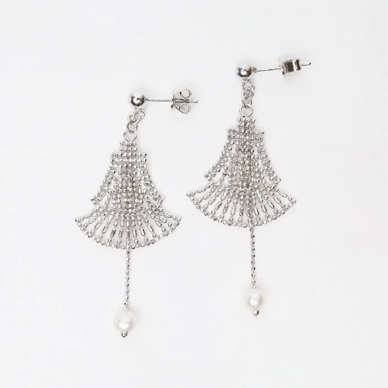 women’s unique earrings-Sterling Silver Fan with Long Pearl Earrings