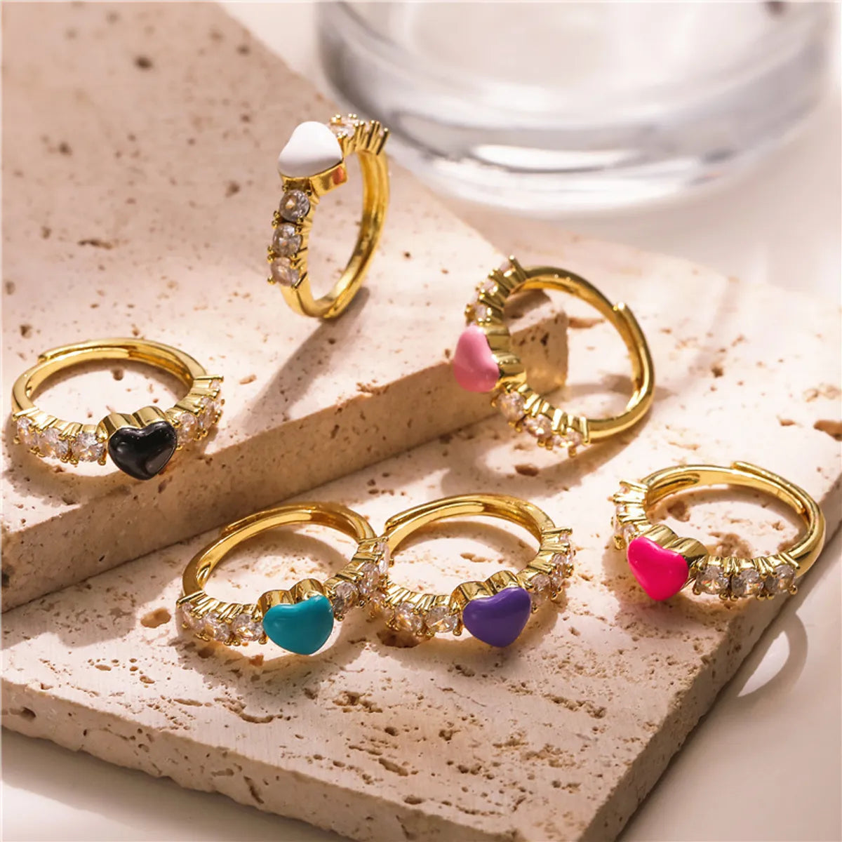 women’s stackable rings with colored diamonds-Ig Style Casual Heart Shape Copper Enamel Inlay Zircon 18k Gold Plated Open Rings