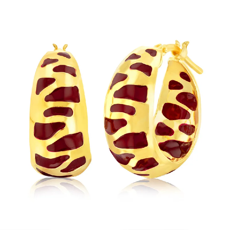 women’s stunning ruby earrings-Sterling Silver Gold Plated Deep Red Enamel Tiger Pattern Wide 14mm Hoop Earrings