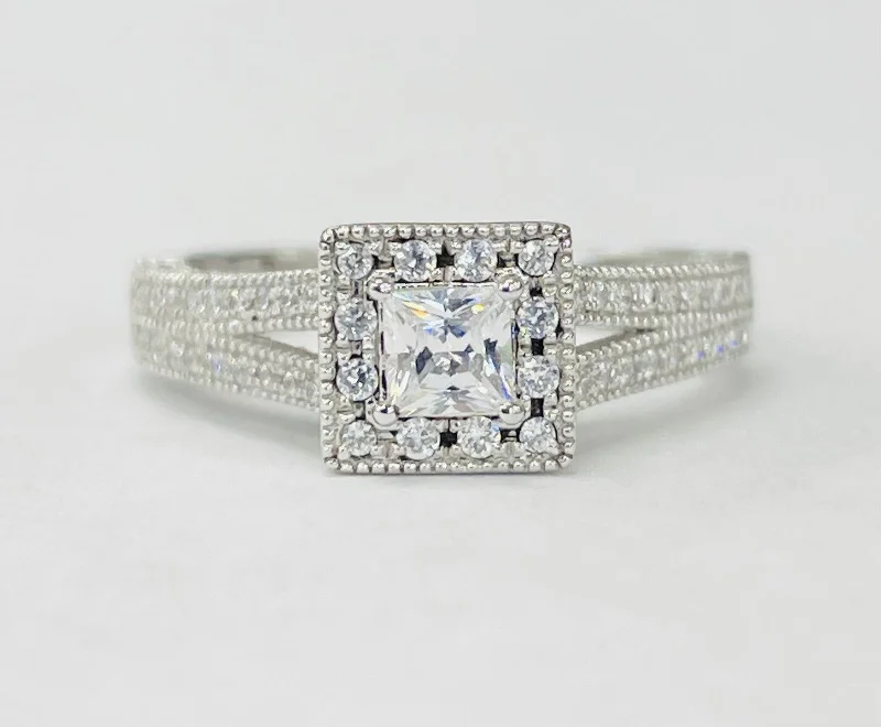 trendy engagement rings for brides-Romance - Detailed Split Shank Square Halo Diamond Setting