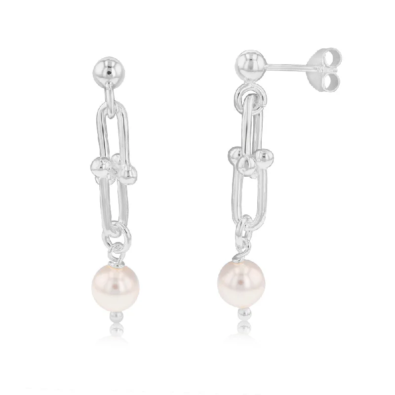 women’s personalized silver earrings-Sterling Silver Links And Synthetic Pearl Drop Earrings