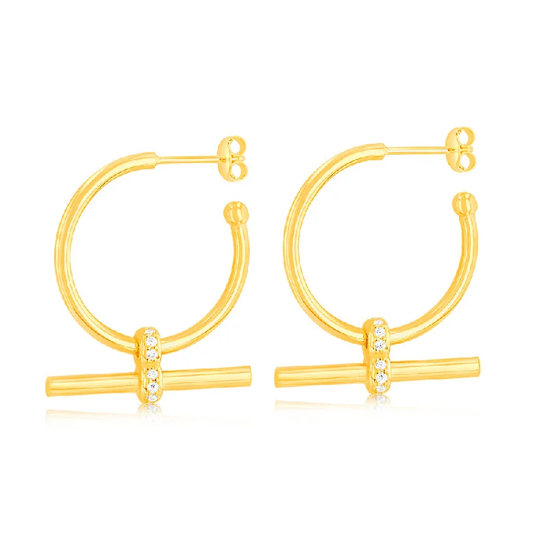 women’s vibrant diamond earrings-Sterling Silver Gold Plated Zirconia Bar 3/4th Hoop Earrings