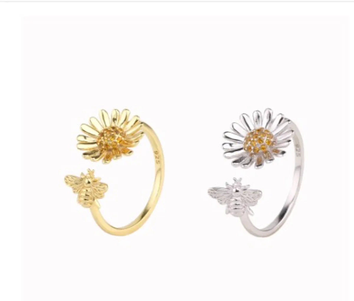 women’s marquise diamond rings-Wholesale Pastoral Artistic Sunflower Bee Sterling Silver White Gold Plated Gold Plated Zircon Open Ring