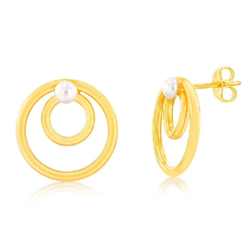 women’s vintage earrings-Sterling Silver Gold Plated Double Circle With Synthetic Pearl Stud Earrings