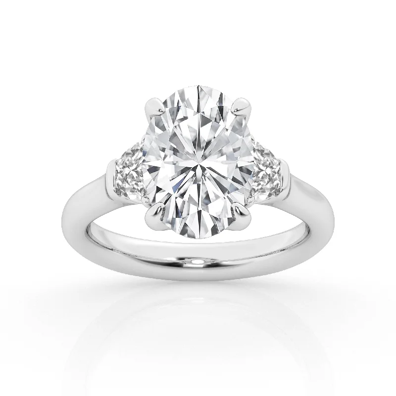 luxury solitaire engagement rings-3 stone Ring with 3.00 ct Center Oval with Half Moon Lab Diamond by Mercury Rings