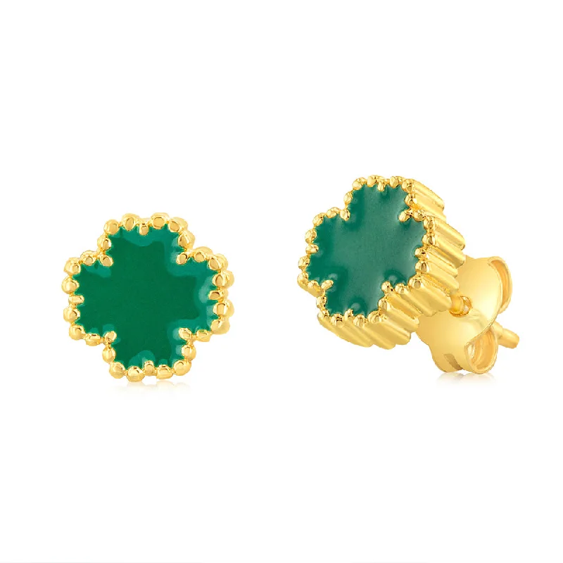 women’s new fashion earrings-Sterling Silver Gold Plated Green Four Leaf Enamel Flower Stud Earrings