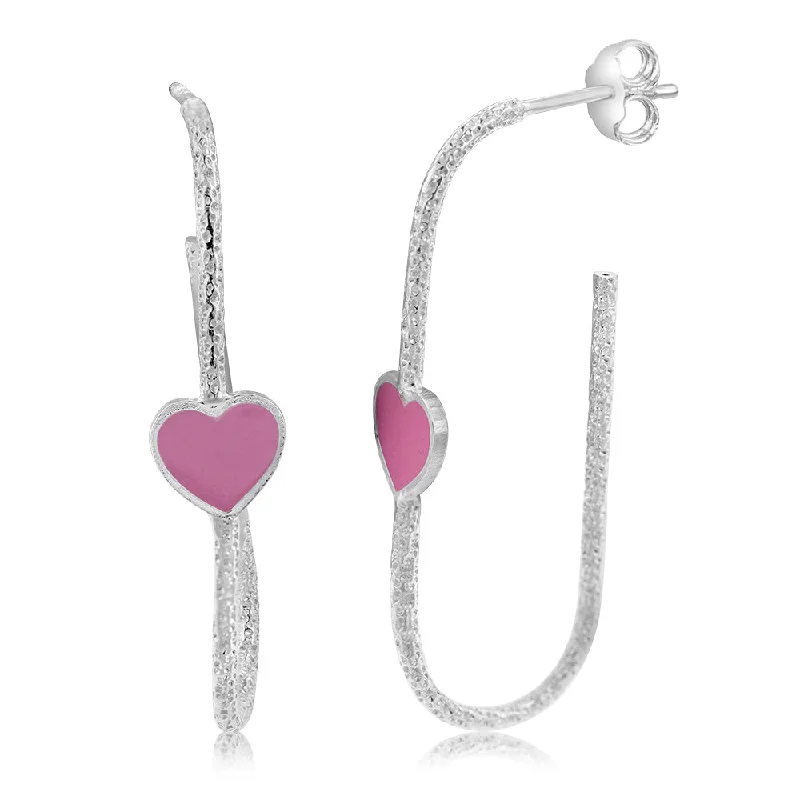 women’s oversized earrings-Sterling Silver Pink Enamel Heart Textured Open Hoop Earrings