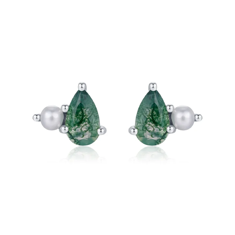 women’s classic stud earrings-Rosewood Moss Agate Pearl Studs