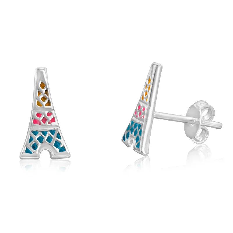 women’s radiant gemstone stud earrings-Sterling Silver Enamel Pink & Blue Tower Stud Earrings