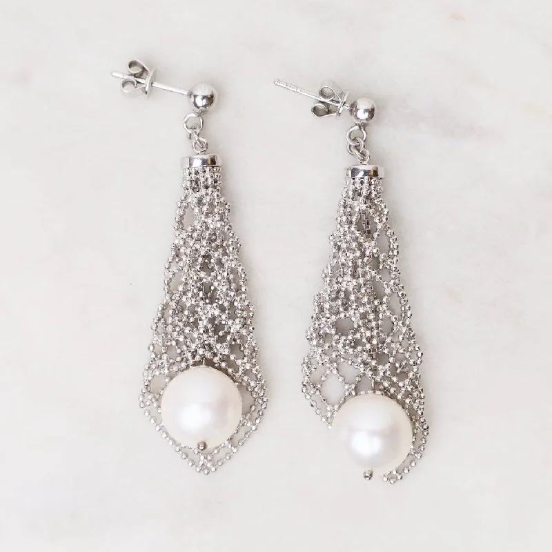 women’s delicate earrings-Sterling Silver Woven Lantern Pearl Earrings